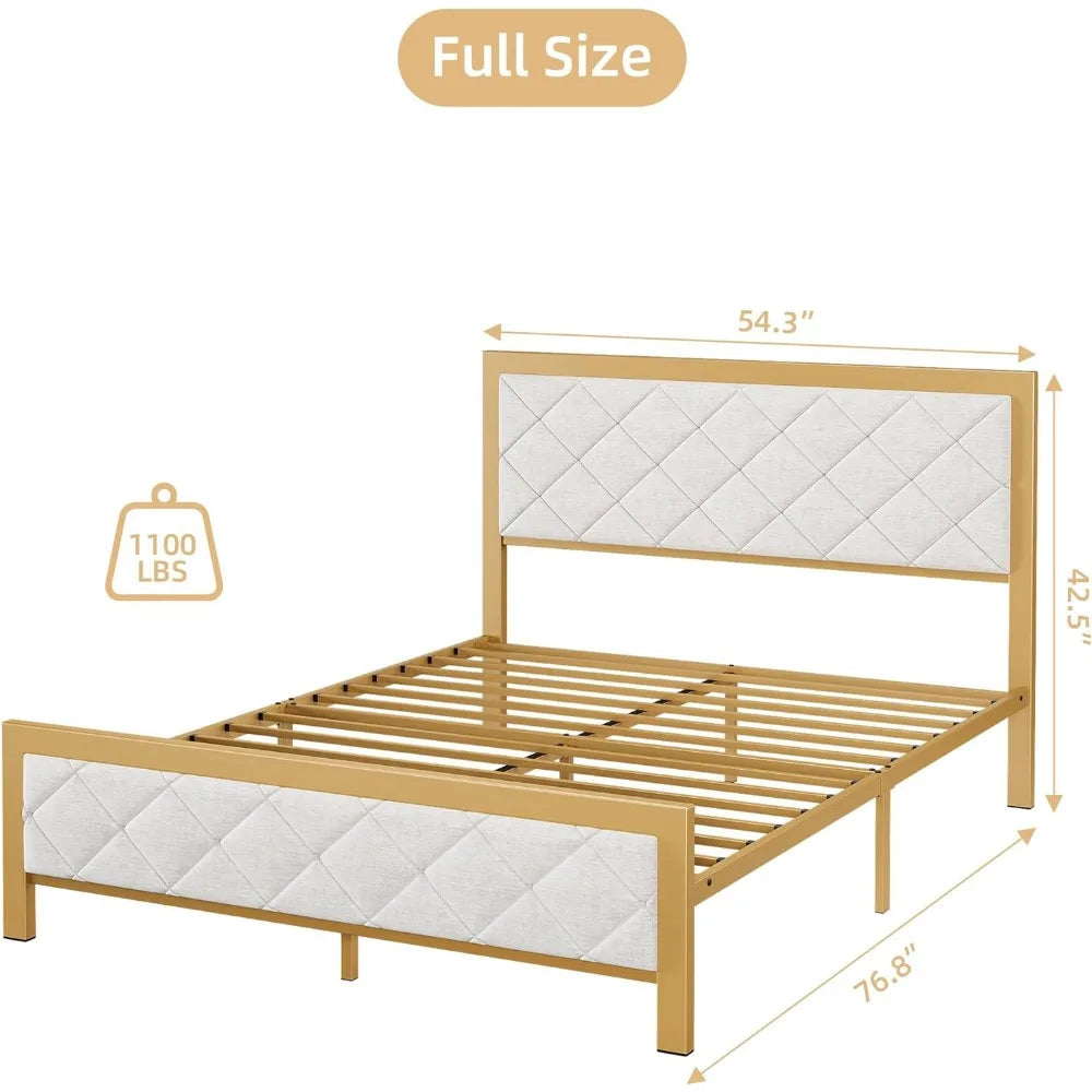 Full-size bed frame, metal bed frame with padded velvet headboard, non-slip and noiseless, platform bed frame with steel slats