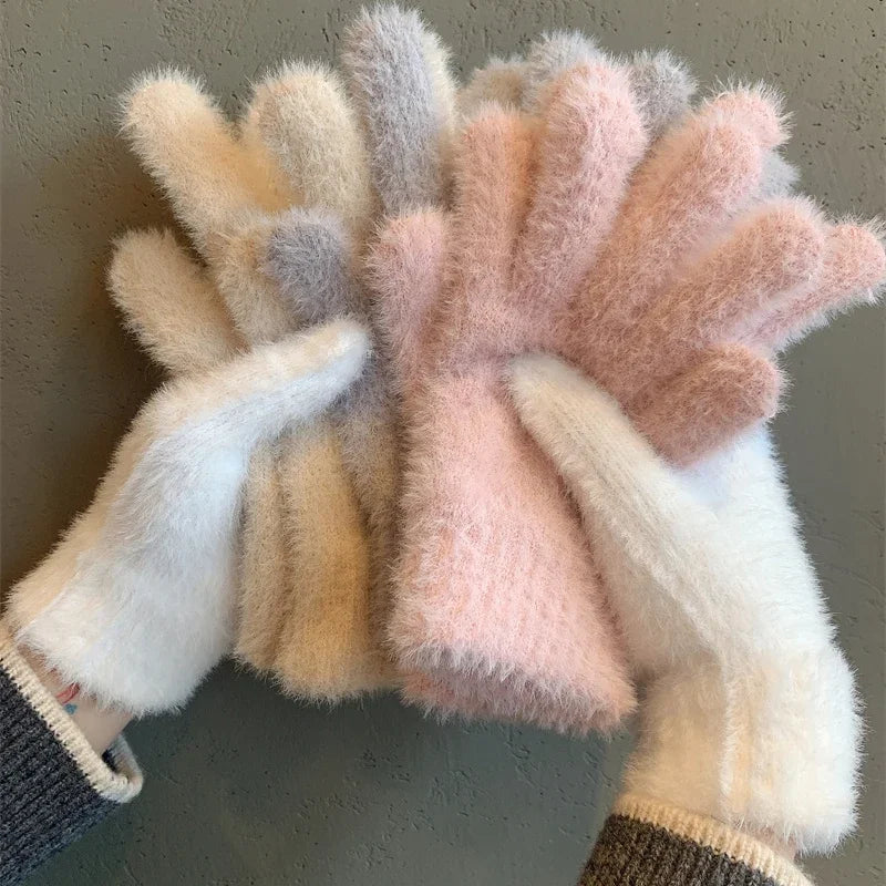 Lovely Coral Plush Fingerless Warm Furry Gloves Women Men Korean Style Winter Snow Versatile Furry Thickened Cold-proof Gloves