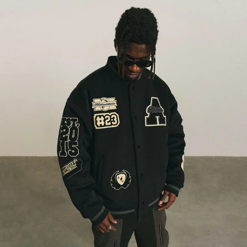Men's baseball uniform Y2K retro heavy hip-hop embroidery jacket autumn and winter V-neck loose fashion couple casual jacket