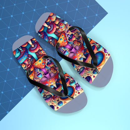 Enchanted Forest Psychedelic Mushroom Flip Flops - Vibrant Whimsy Footwear