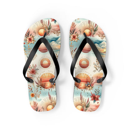 Dawn's Embrace Watercolor Sunrise Flip Flops - Serene and Uplifting Footwear