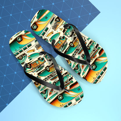 Retro Surf Safari Flip Flops - Vintage Surfer Cars and Coastal Vibes