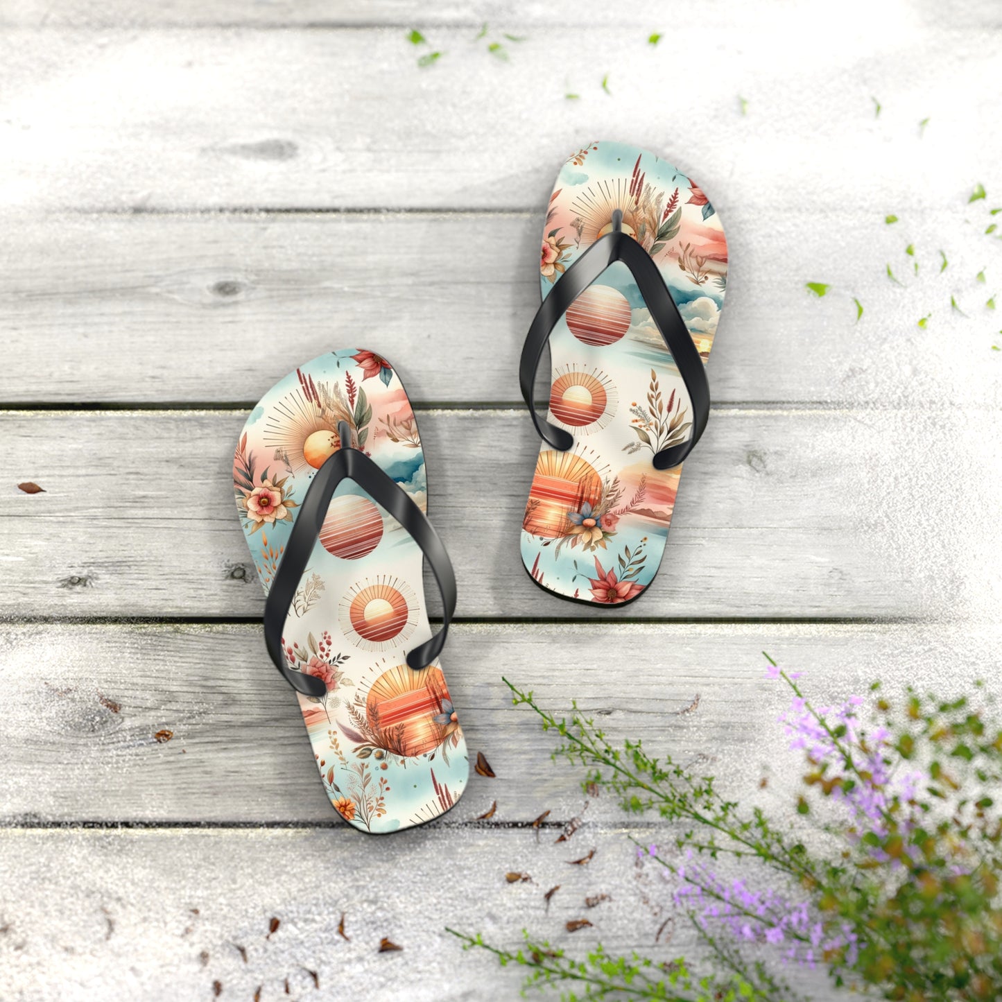 Dawn's Embrace Watercolor Sunrise Flip Flops - Serene and Uplifting Footwear