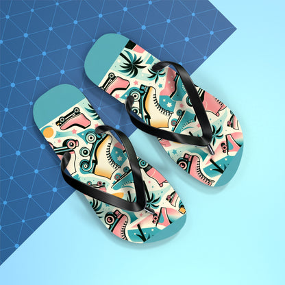 Retro Skate & Palm Summer Flip Flops - Playful Pastel Paradise Footwear