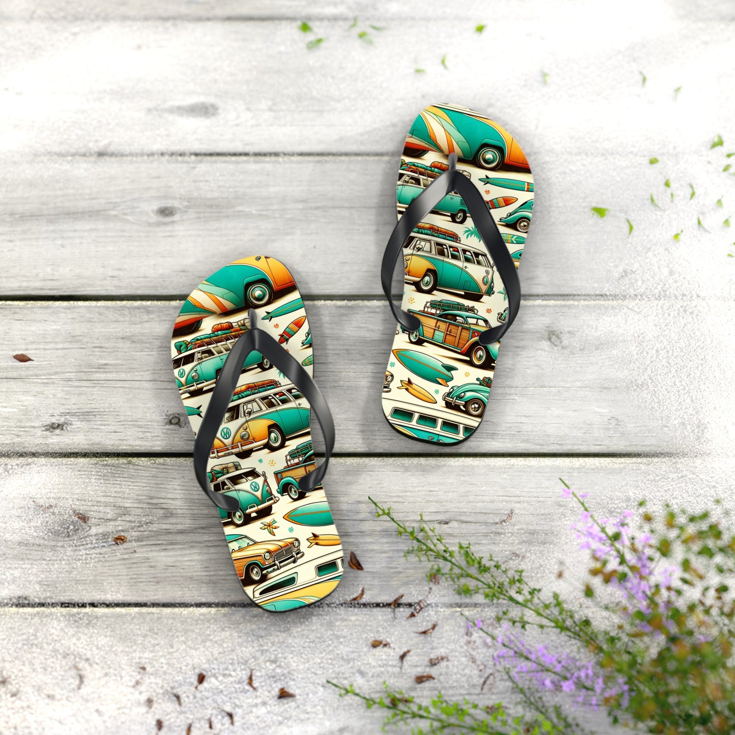 Retro Surf Safari Flip Flops - Vintage Surfer Cars and Coastal Vibes