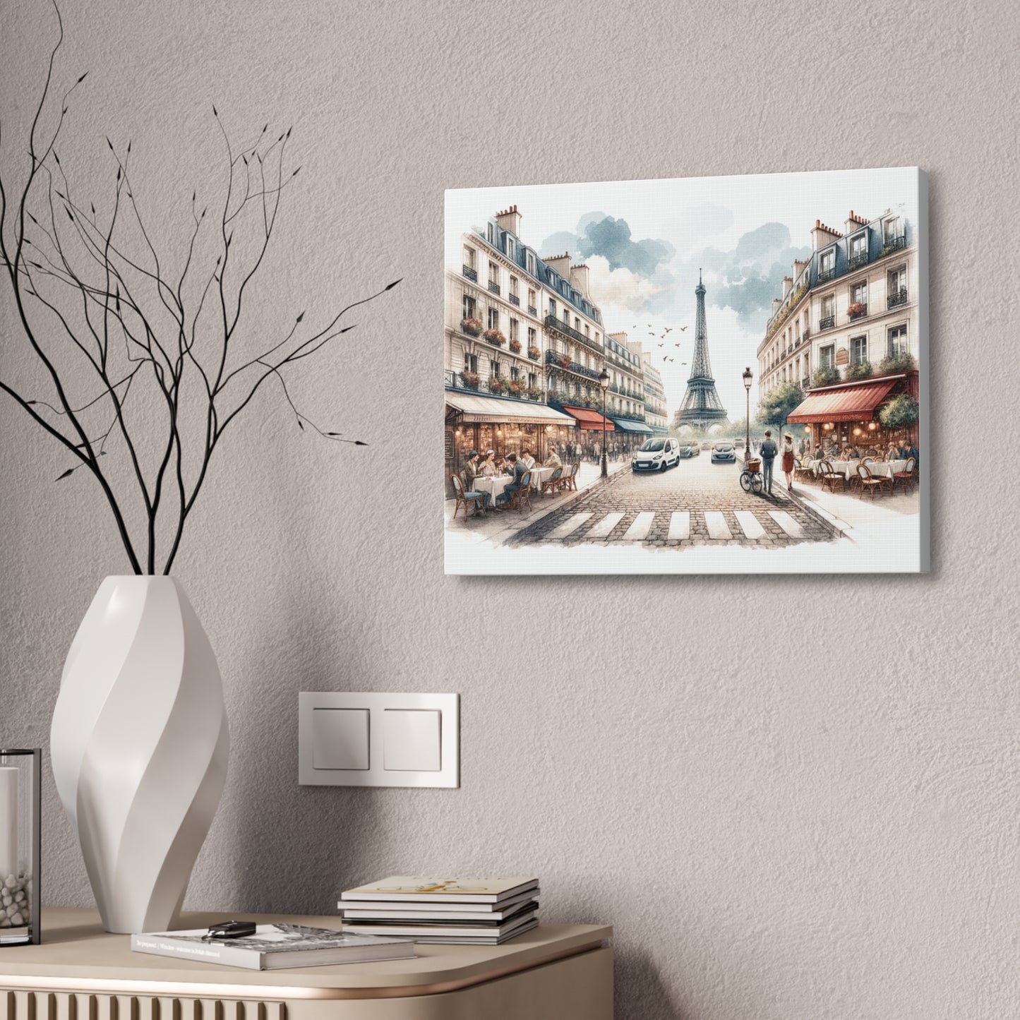 Parisian Elegance Canvas Art - Romantic Street Scene with Eiffel Tower