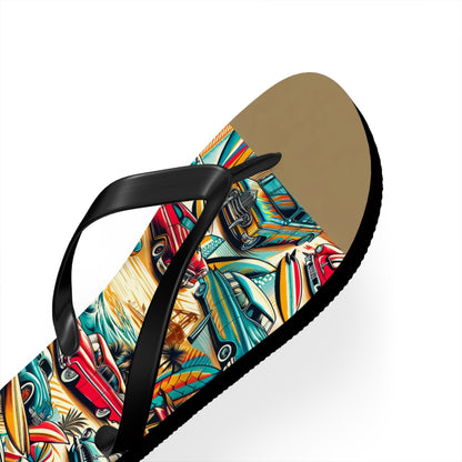 Retro Beach Roadtrip Flip Flops - Vintage Surfer Cars & Surfboards Design