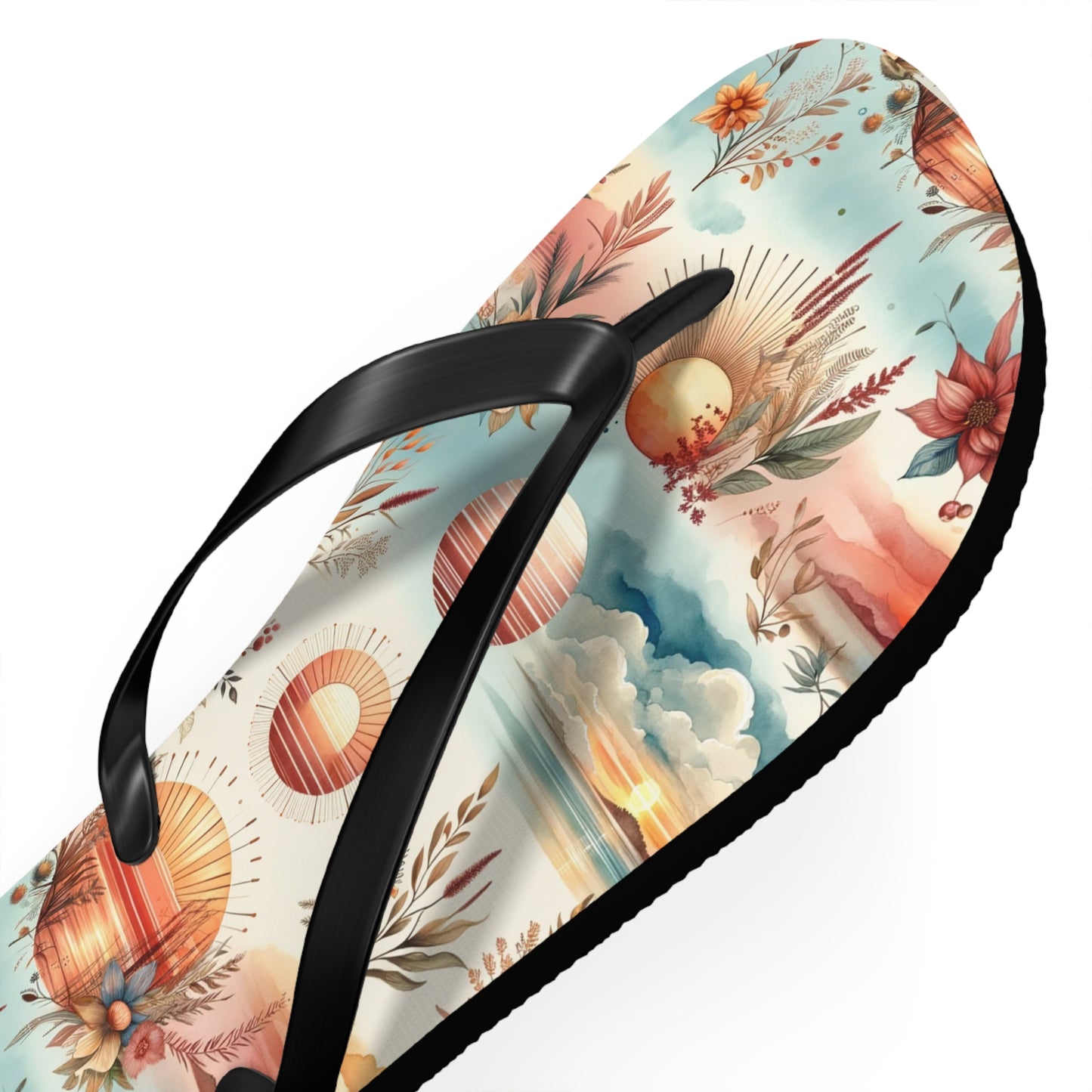 Dawn's Embrace Watercolor Sunrise Flip Flops - Serene and Uplifting Footwear