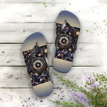 Cosmic Zodiac Wonders Flip Flops - Mystical Astrology-Inspired Footwear