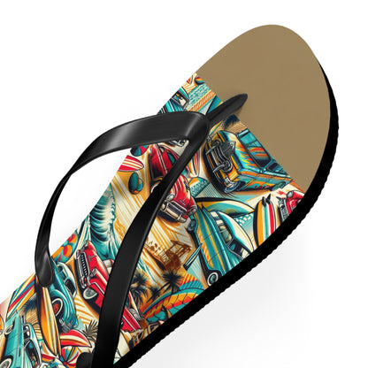 Retro Beach Roadtrip Flip Flops - Vintage Surfer Cars & Surfboards Design