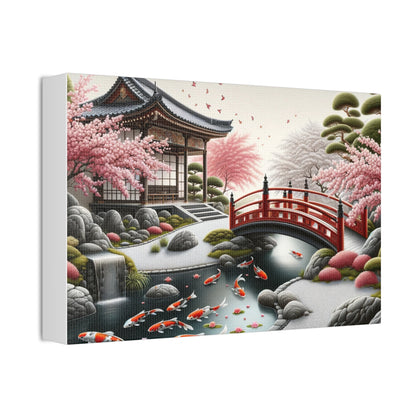 Serene Zen Garden Canvas Art - Hyper-Realistic Koi Pond & Cherry Blossoms