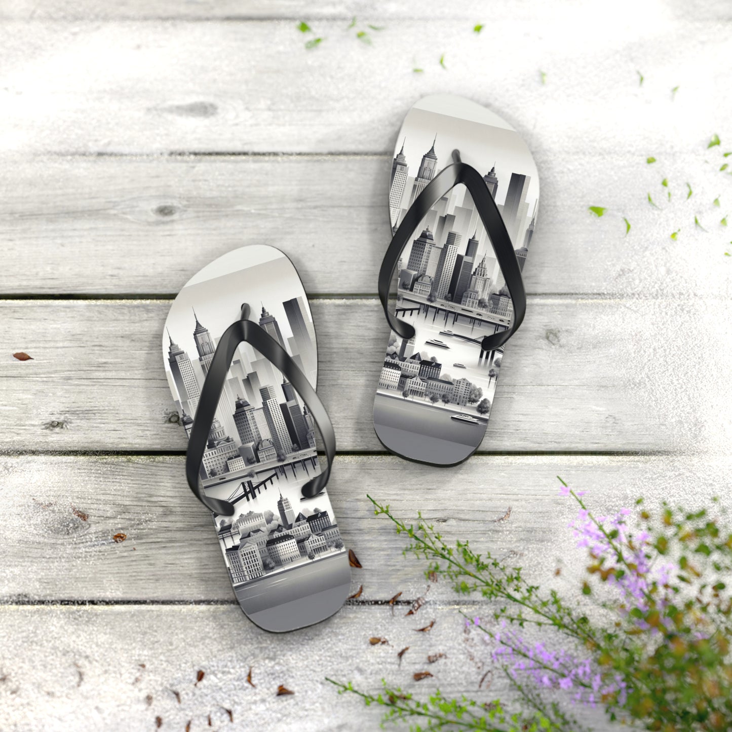 Urban Elegance Grayscale Cityscape Flip Flops - Chic and Sophisticated Footwear