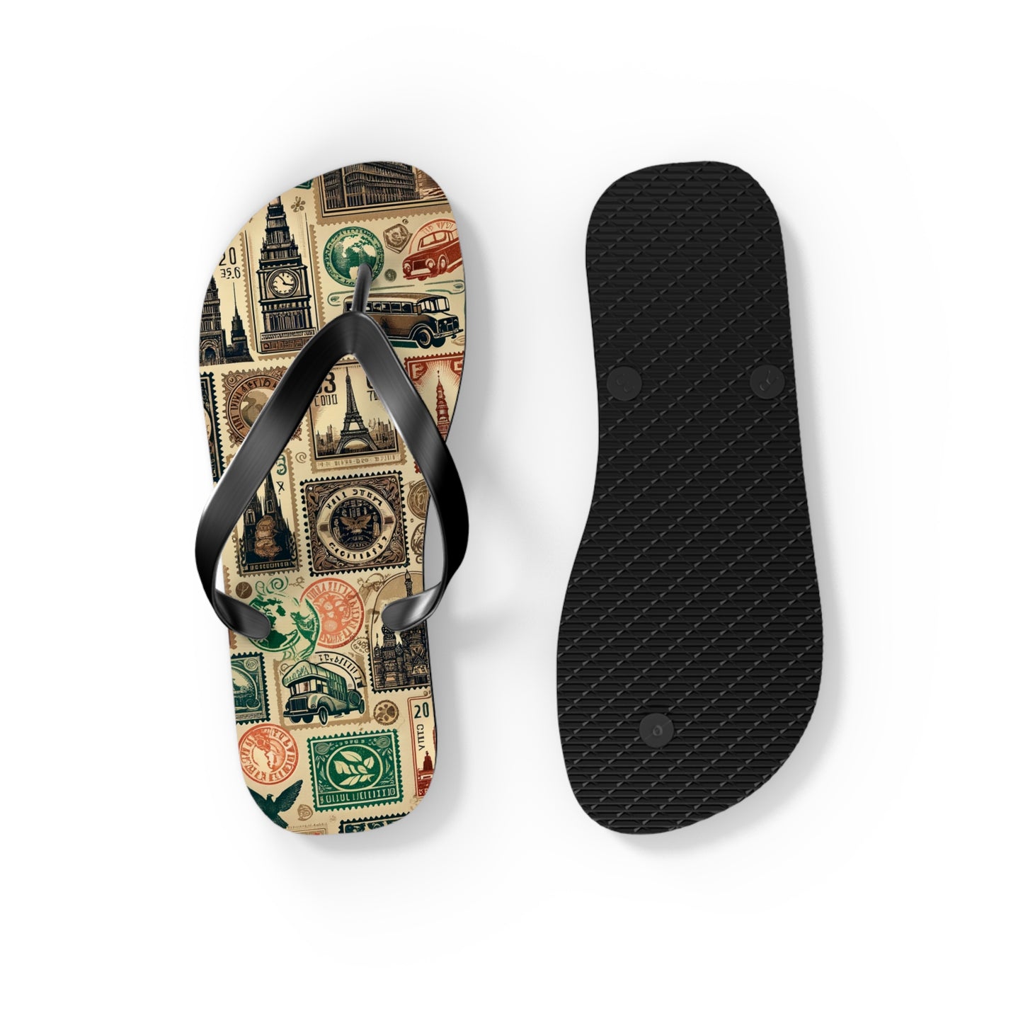 World Explorer Vintage Stamp Flip Flops - A Journey Through Time and Culture