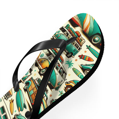 Retro Surf Safari Flip Flops - Vintage Surfer Cars and Coastal Vibes