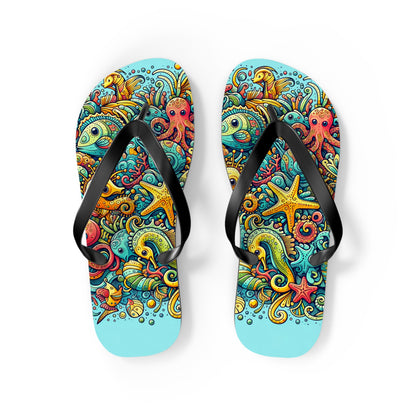 Ocean Doodles Colorful Sea Creatures Flip Flops - Whimsical Underwater Adventure