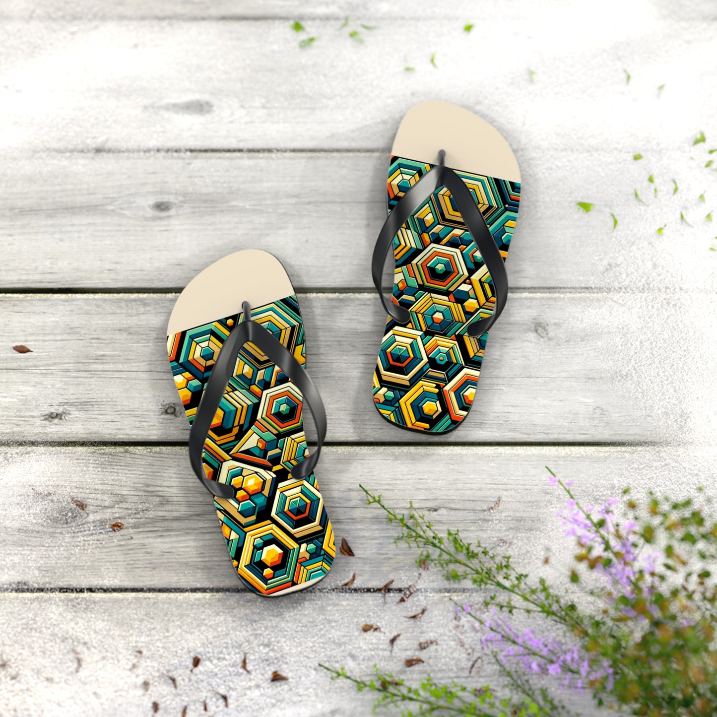 Geometric Buzz Honeycomb Flip Flops - Vibrant and Modern Footwear