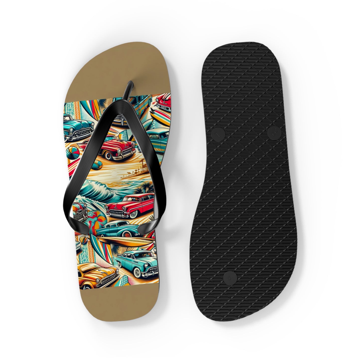 Retro Beach Roadtrip Flip Flops - Vintage Surfer Cars & Surfboards Design