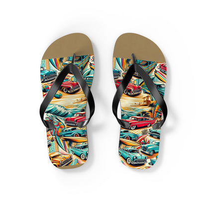 Retro Beach Roadtrip Flip Flops - Vintage Surfer Cars & Surfboards Design