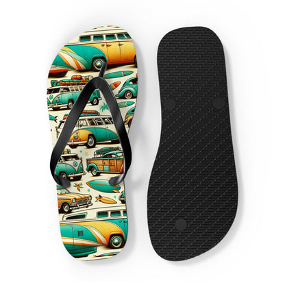 Retro Surf Safari Flip Flops - Vintage Surfer Cars and Coastal Vibes