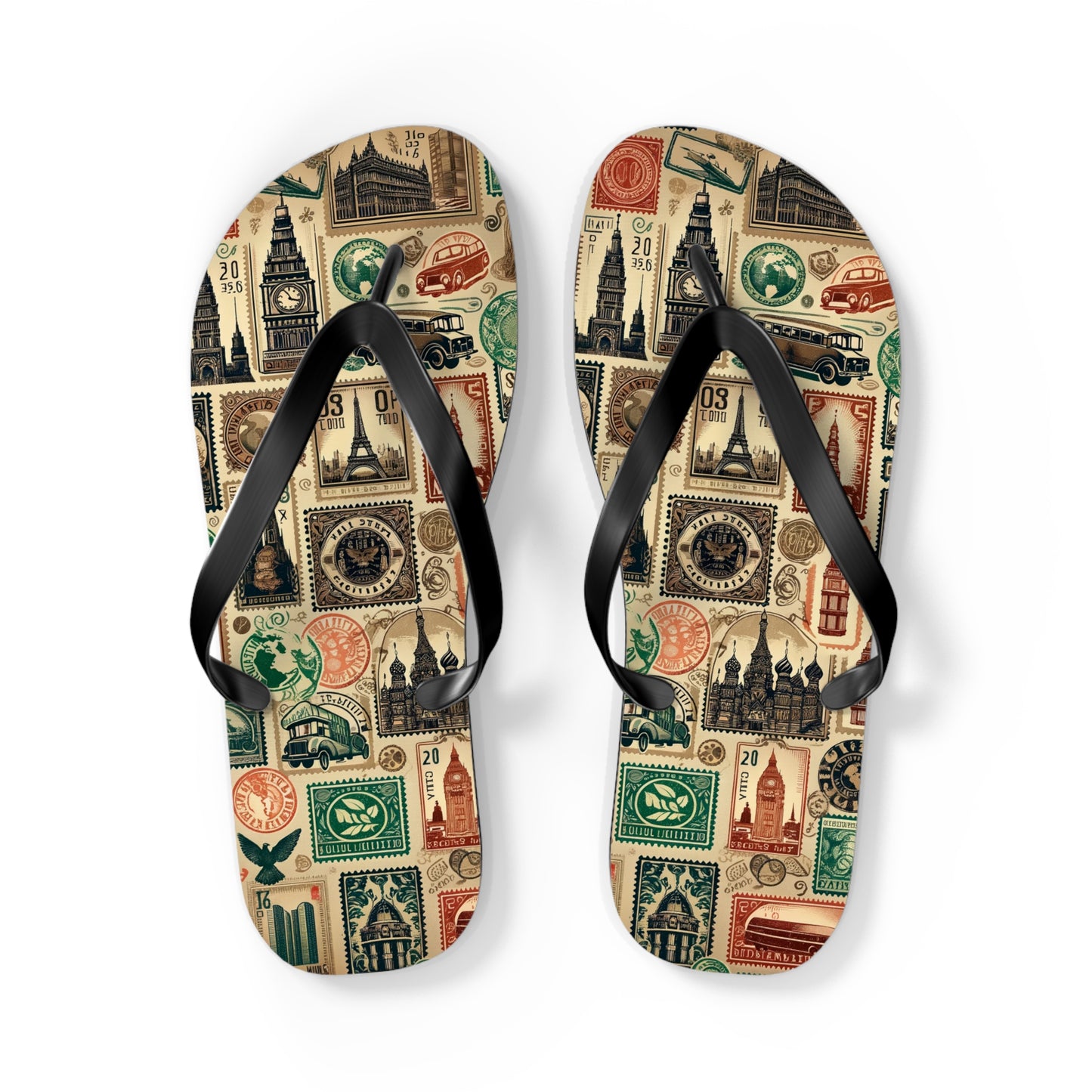 World Explorer Vintage Stamp Flip Flops - A Journey Through Time and Culture