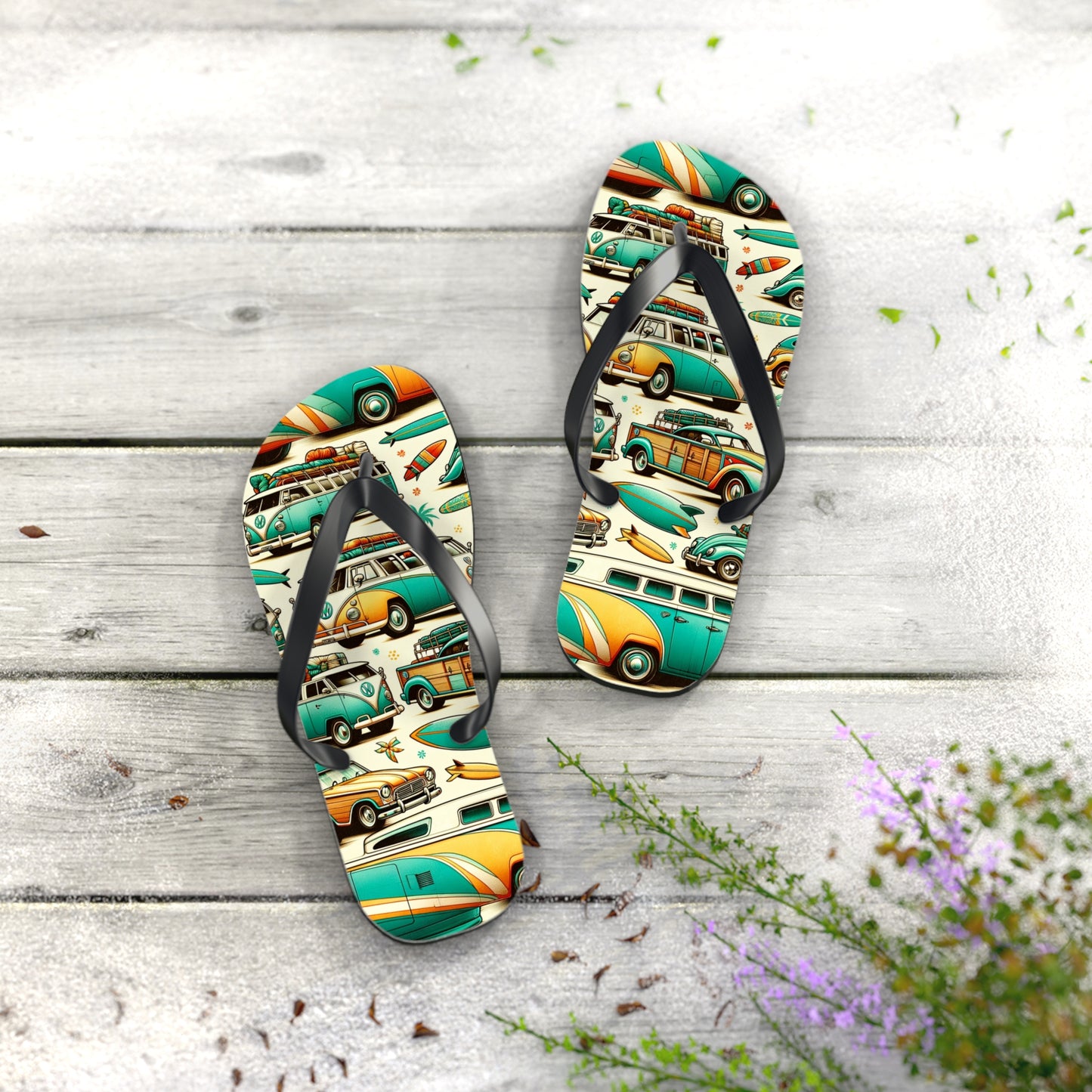 Retro Surf Safari Flip Flops - Vintage Surfer Cars and Coastal Vibes