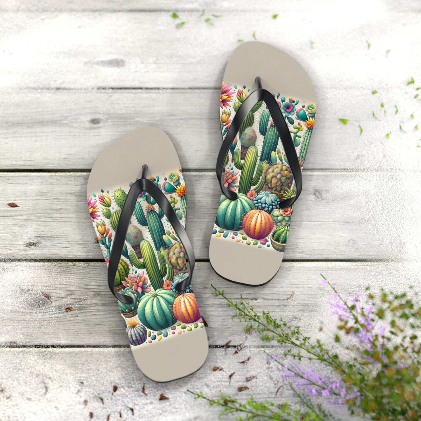 Desert Bloom Cacti & Succulents Flip Flops - Vibrant and Whimsical Footwear