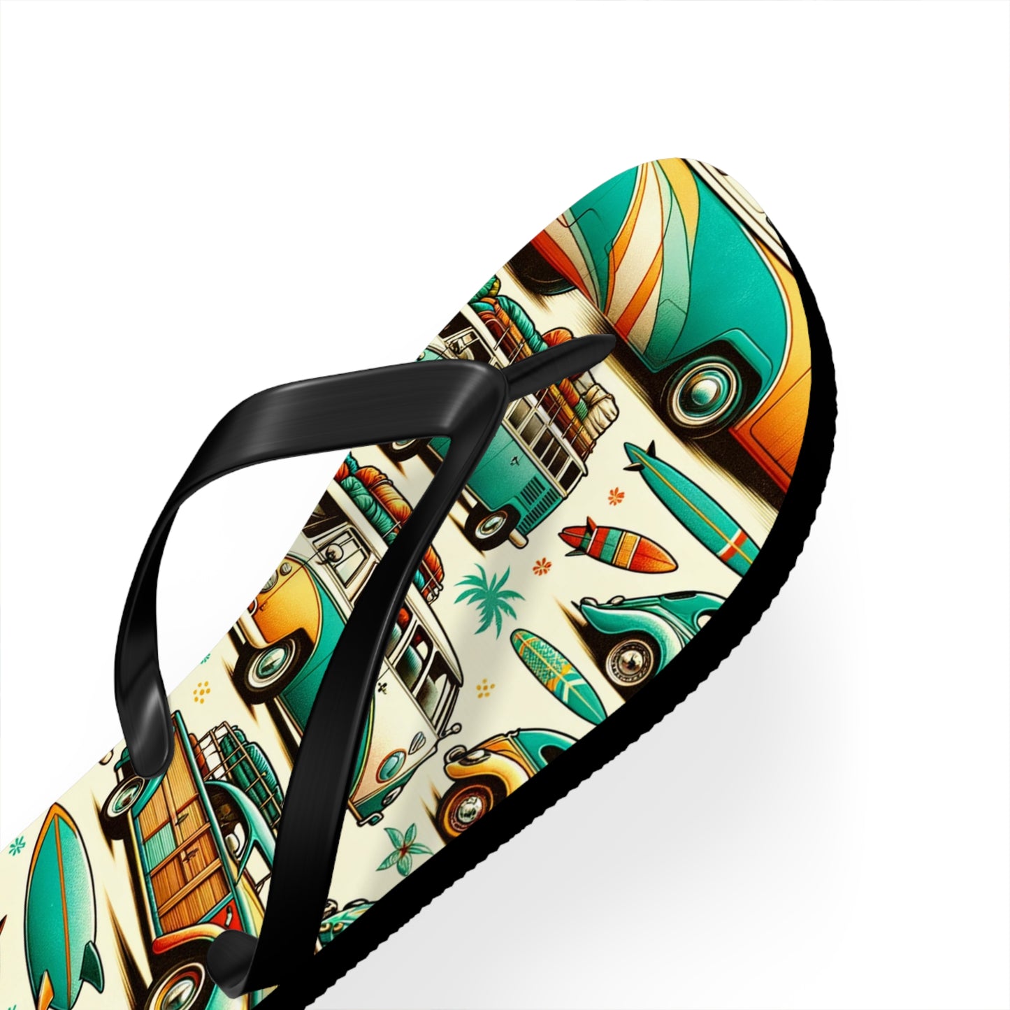 Retro Surf Safari Flip Flops - Vintage Surfer Cars and Coastal Vibes