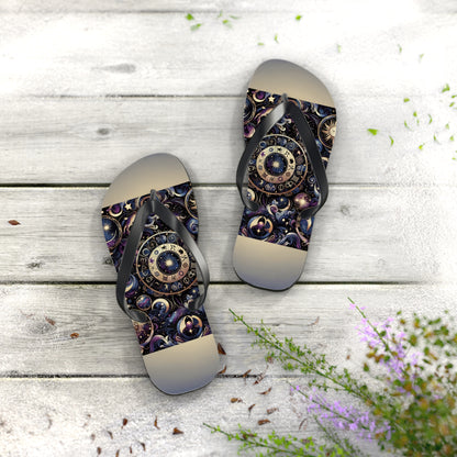 Cosmic Zodiac Wonders Flip Flops - Mystical Astrology-Inspired Footwear