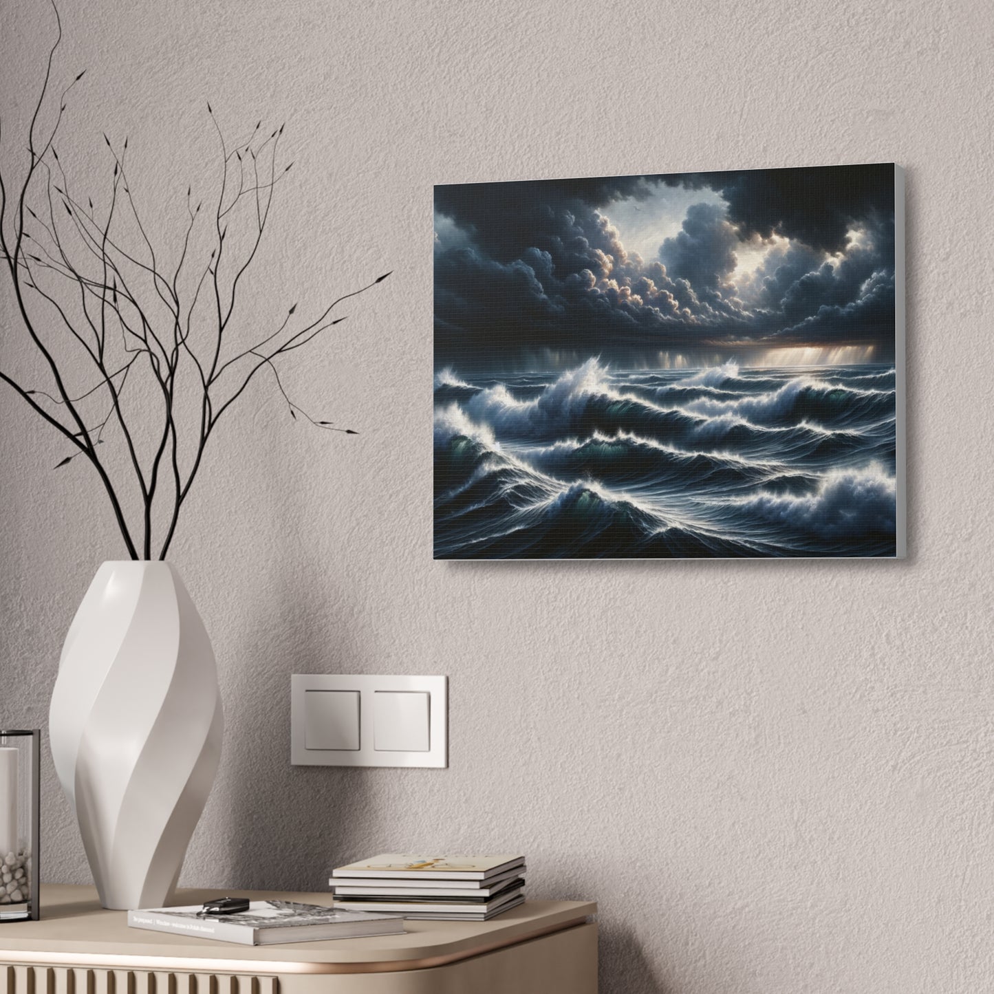 Ocean's Fury Canvas Art - Stormy Seascape with Crashing Waves
