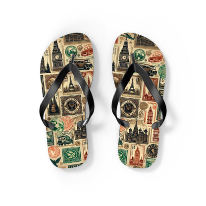 World Explorer Vintage Stamp Flip Flops - A Journey Through Time and Culture