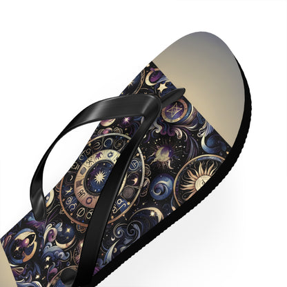 Cosmic Zodiac Wonders Flip Flops - Mystical Astrology-Inspired Footwear