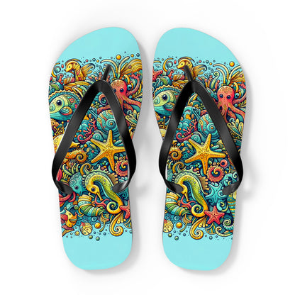 Ocean Doodles Colorful Sea Creatures Flip Flops - Whimsical Underwater Adventure