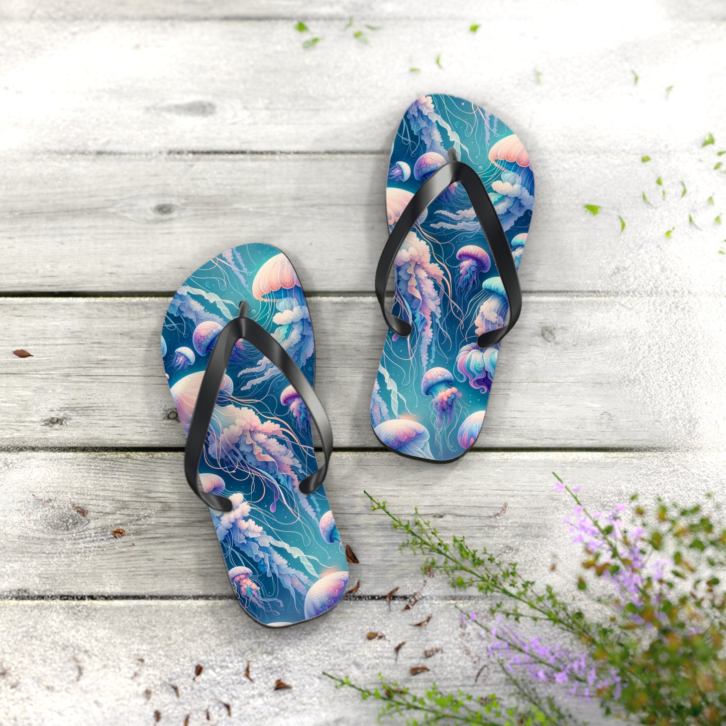 Mystical Depths Jellyfish Flip Flops - Serene Underwater Elegance