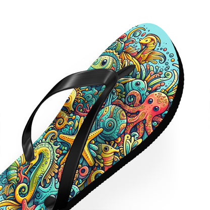 Ocean Doodles Colorful Sea Creatures Flip Flops - Whimsical Underwater Adventure