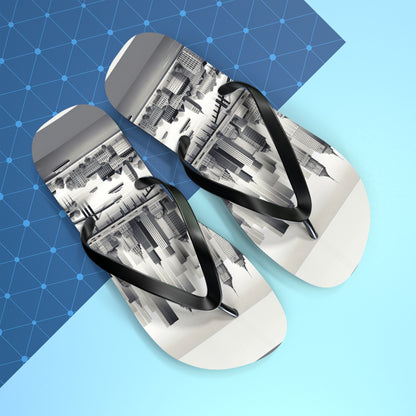 Urban Elegance Grayscale Cityscape Flip Flops - Chic and Sophisticated Footwear