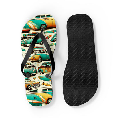 Retro Surf Safari Flip Flops - Vintage Surfer Cars and Coastal Vibes