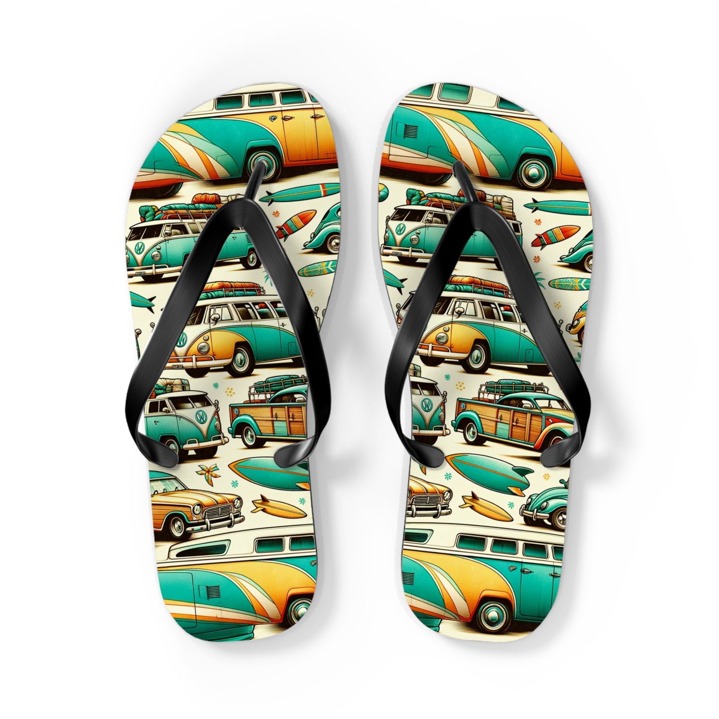 Retro Surf Safari Flip Flops - Vintage Surfer Cars and Coastal Vibes