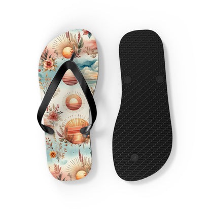 Dawn's Embrace Watercolor Sunrise Flip Flops - Serene and Uplifting Footwear