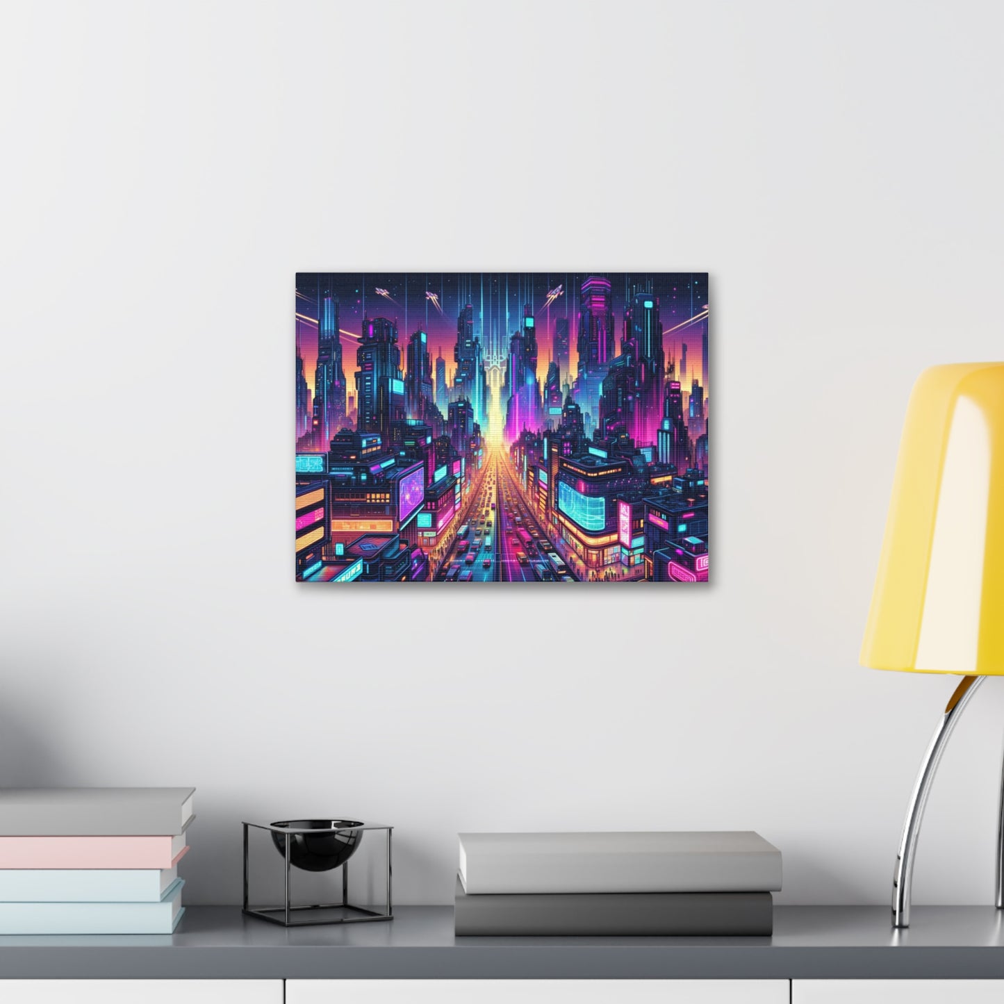 Neon Metropolis: Futuristic Cyberpunk Cityscape Canvas Art