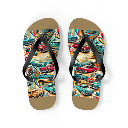 Retro Beach Roadtrip Flip Flops - Vintage Surfer Cars & Surfboards Design