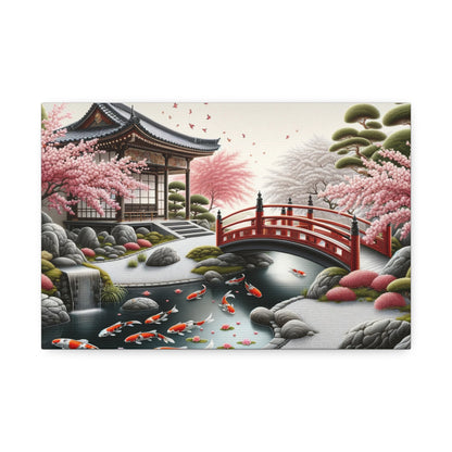 Serene Zen Garden Canvas Art - Hyper-Realistic Koi Pond & Cherry Blossoms