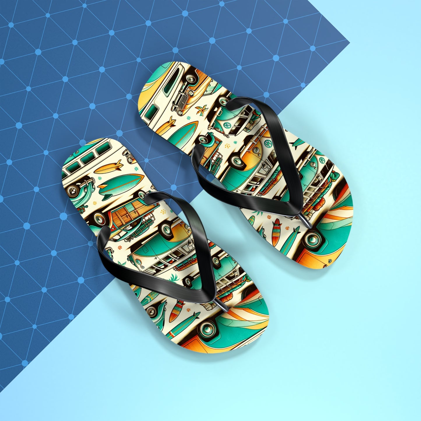 Retro Surf Safari Flip Flops - Vintage Surfer Cars and Coastal Vibes