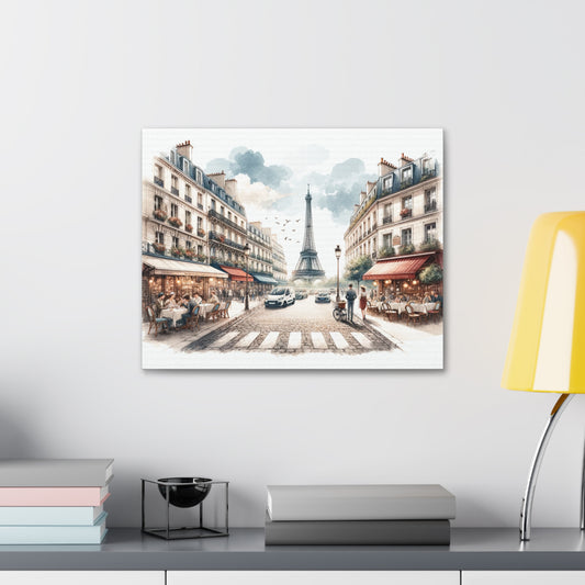 Parisian Elegance Canvas Art - Romantic Street Scene with Eiffel Tower