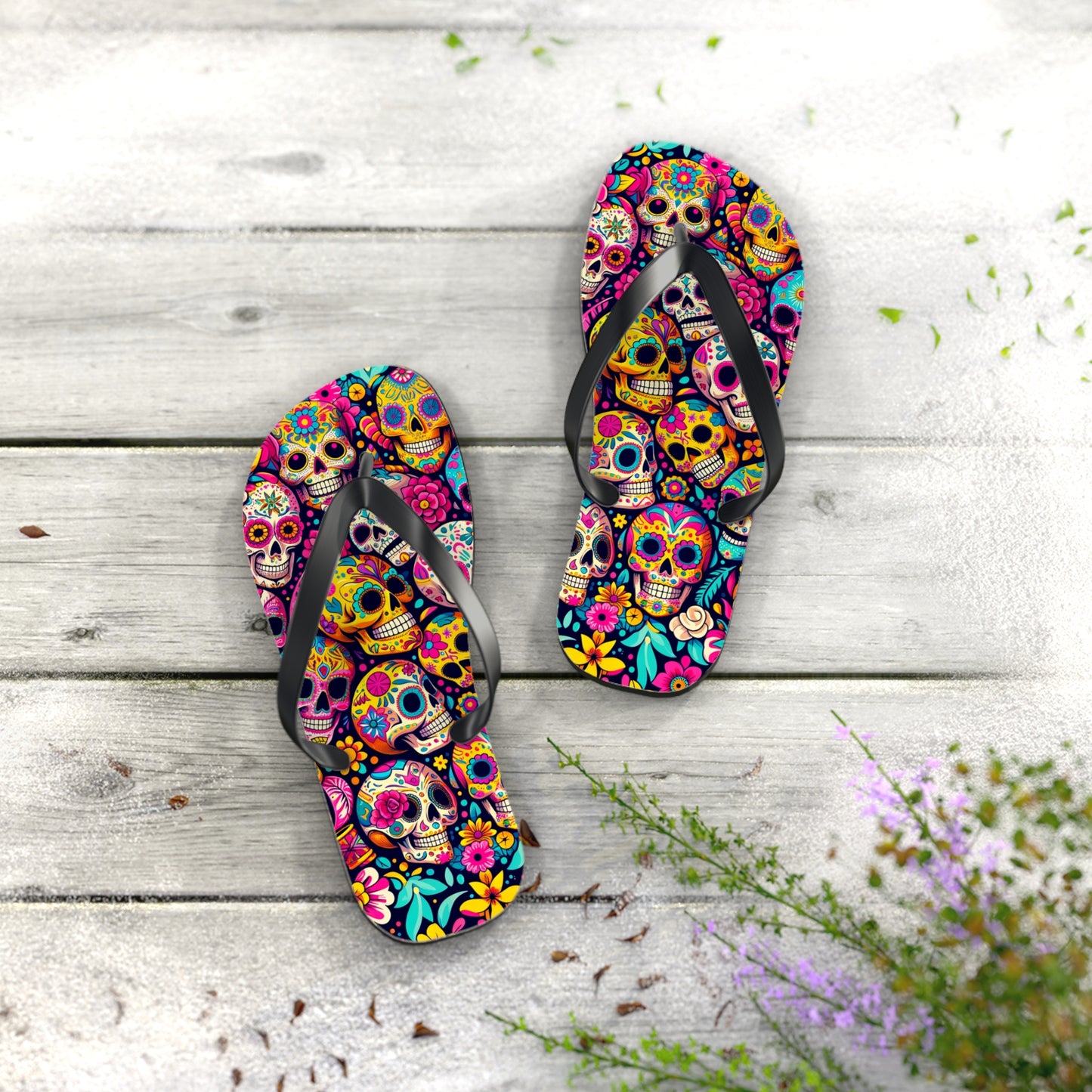 Fiesta de Calaveras Colorful Sugar Skull Flip Flops - Vibrant Celebration of Tradition