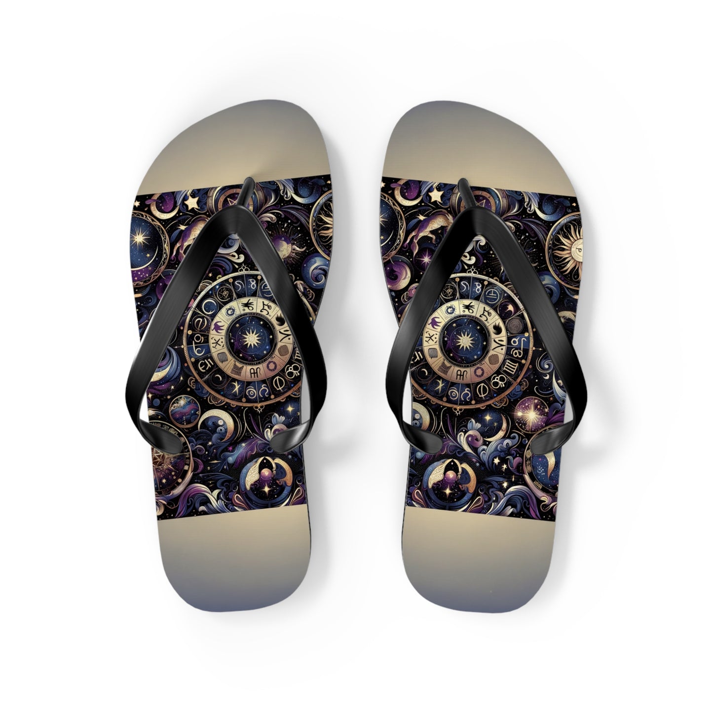 Cosmic Zodiac Wonders Flip Flops - Mystical Astrology-Inspired Footwear