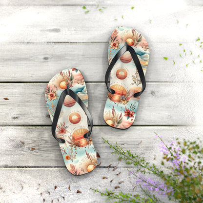 Dawn's Embrace Watercolor Sunrise Flip Flops - Serene and Uplifting Footwear