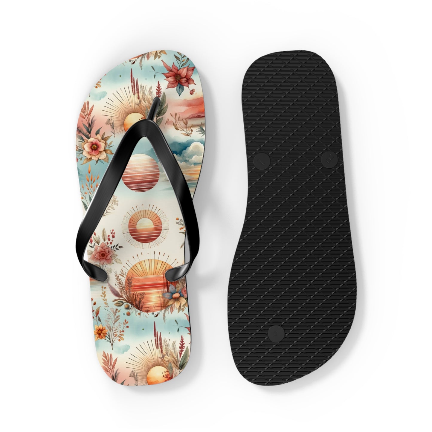 Dawn's Embrace Watercolor Sunrise Flip Flops - Serene and Uplifting Footwear