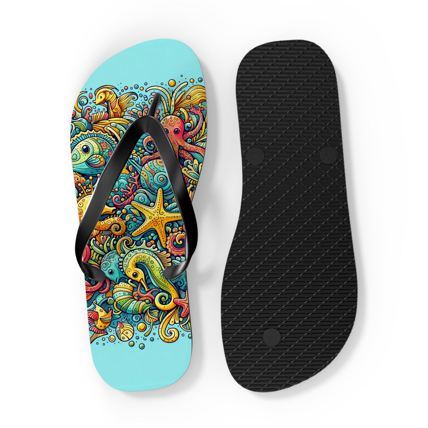 Ocean Doodles Colorful Sea Creatures Flip Flops - Whimsical Underwater Adventure