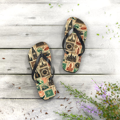 World Explorer Vintage Stamp Flip Flops - A Journey Through Time and Culture