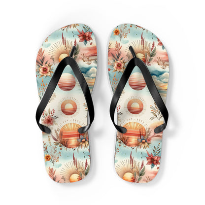 Dawn's Embrace Watercolor Sunrise Flip Flops - Serene and Uplifting Footwear